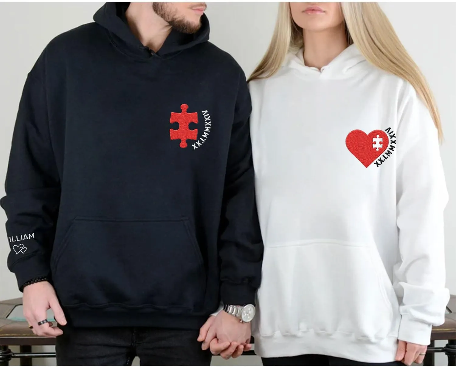 Personalized Embroidered Heart Hoodies For Couples, Matching Couple Sweaters Custom Anniversary Sweatshirts Spider Heart