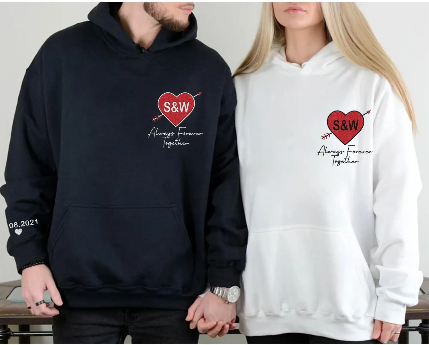 Personalized Embroidered Heart Hoodies For Couples, Matching Couple Sweaters Custom Anniversary Sweatshirts Spider Heart