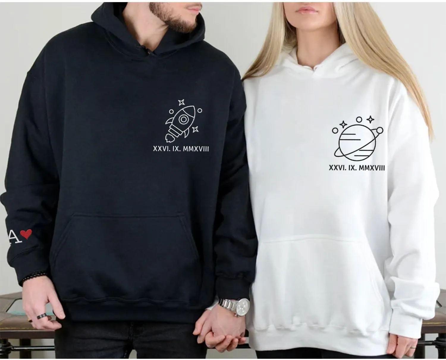 Personalized Embroidered Heart Hoodies For Couples, Matching Couple Sweaters Custom Anniversary Sweatshirts Spider Heart