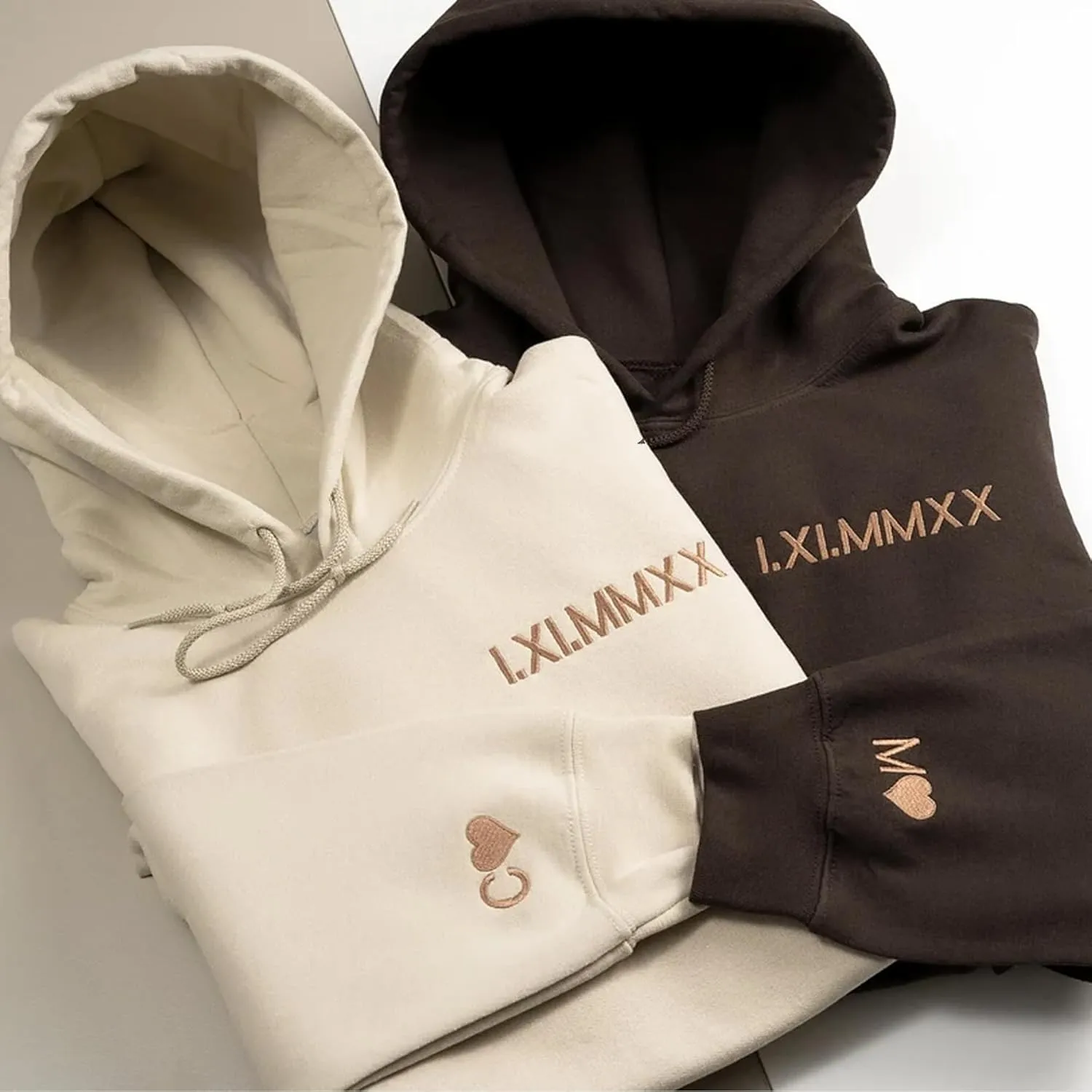 Personalized Embroidered Roman Numeral Hoodie, Custom Sleeve Initial Couple Shirt, Matching Hoodies for Couples