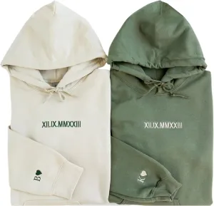 Personalized Embroidered Roman Numeral Hoodie, Custom Sleeve Initial Couple Shirt, Matching Hoodies for Couples