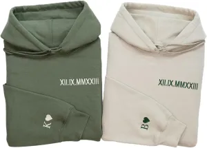Personalized Embroidered Roman Numeral Hoodie, Custom Sleeve Initial Couple Shirt, Matching Hoodies for Couples