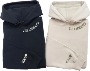 Personalized Embroidered Roman Numeral Hoodie, Custom Sleeve Initial Couple Shirt, Matching Hoodies for Couples