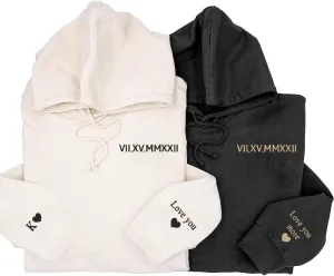 Personalized Embroidered Roman Numeral Sweatshirt, Custom Text On Sleeves With Initial Heart, Matching Sweatshirt, Couples Hoodies, Custom Sweatshirt For Couples, Matching Couple Hoodies