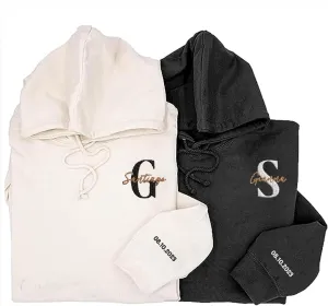 Personalized Letters Name Partner Hoodie, Embroidered Custom Date On Sleeve, Hoodies For Her Him Birthday Anniversary