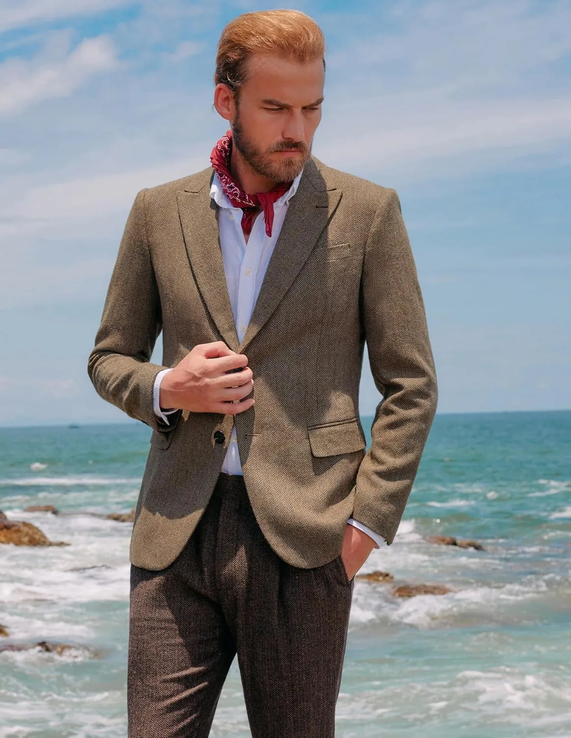 PJ PAUL JONES Men's Vintage Herringbone Tweed Blazers British Wool Blend Sport Coat Jacket