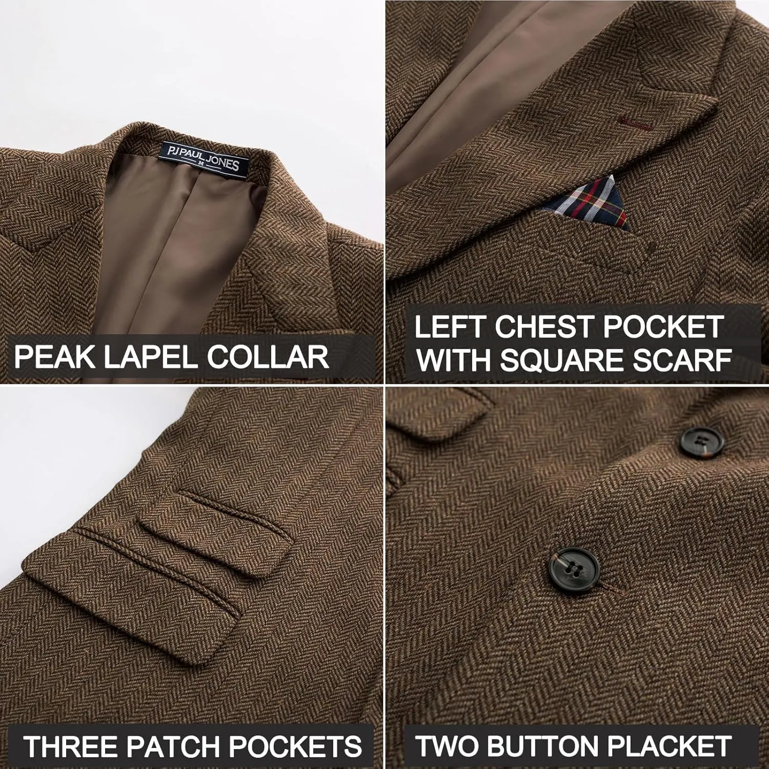 PJ PAUL JONES Men's Vintage Herringbone Tweed Blazers British Wool Blend Sport Coat Jacket