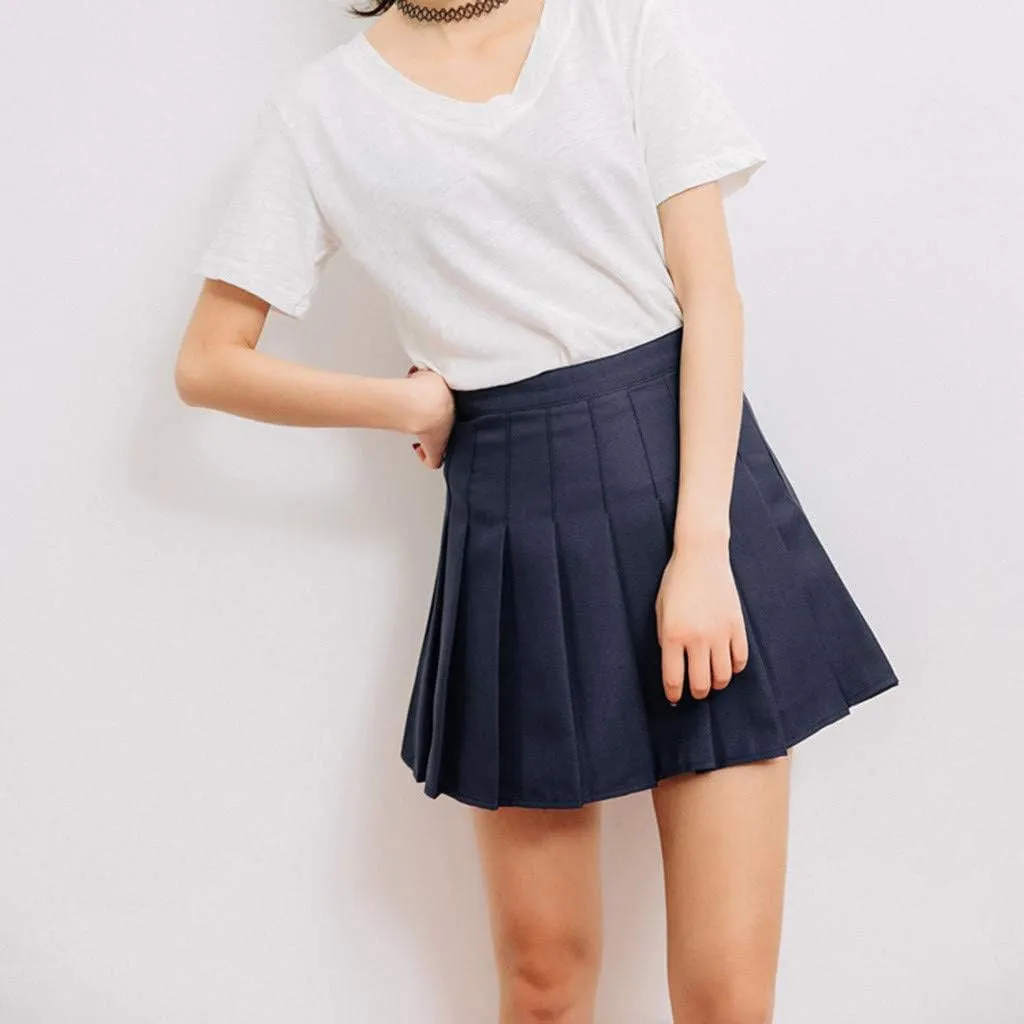 Pleated Mini Skirt Women Teen Girls High Waist School A-Line Skater Tennis Skirt Summer Casual Solid Color Skirt