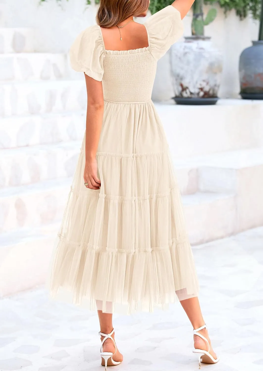 PRETTYGARDEN Women's Smocked Midi Tulle Dress 2025 Summer Puffy Short Sleeve Square Neck Ruffle Wedding Guest Party Dresses
