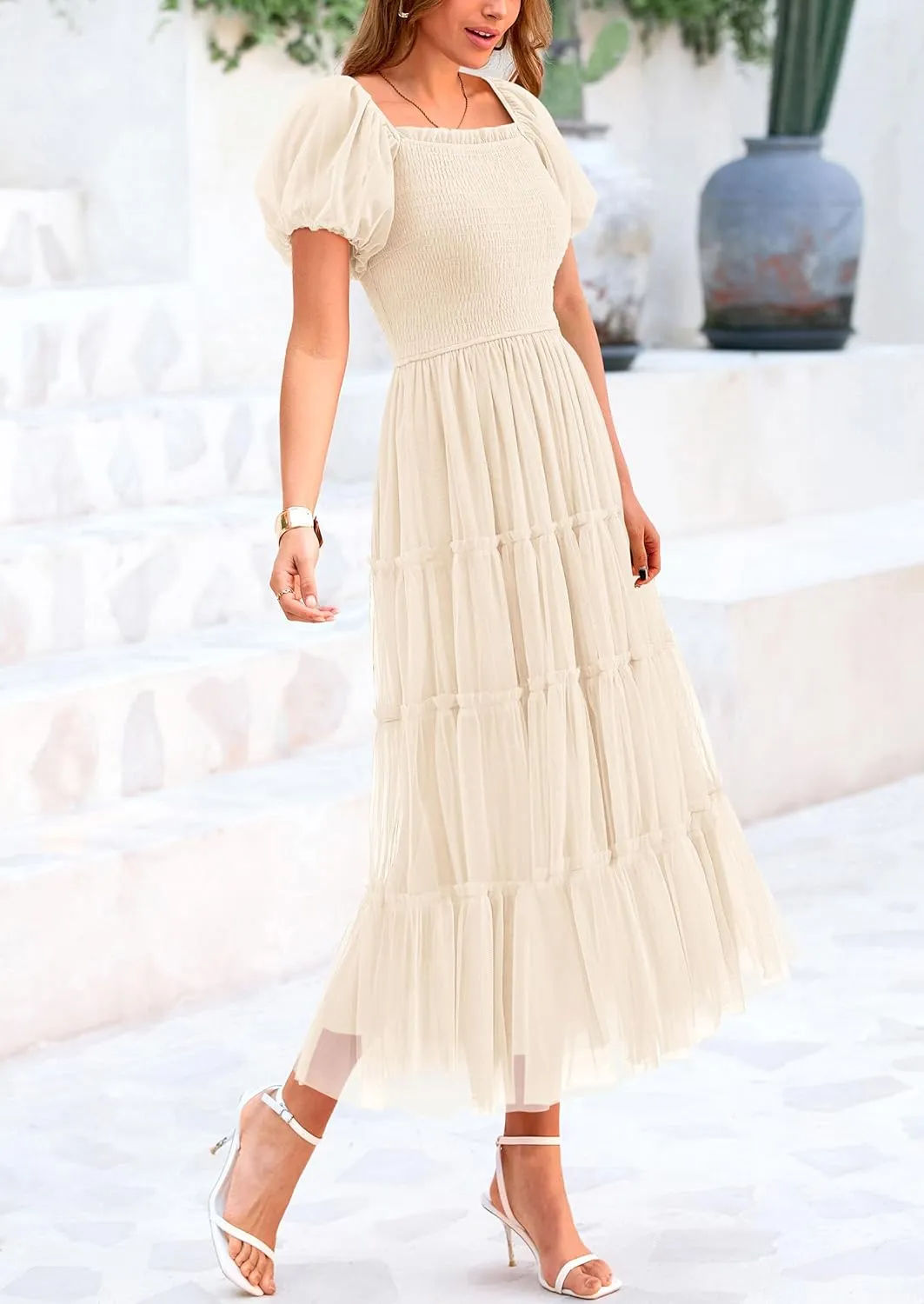 PRETTYGARDEN Women's Smocked Midi Tulle Dress 2025 Summer Puffy Short Sleeve Square Neck Ruffle Wedding Guest Party Dresses