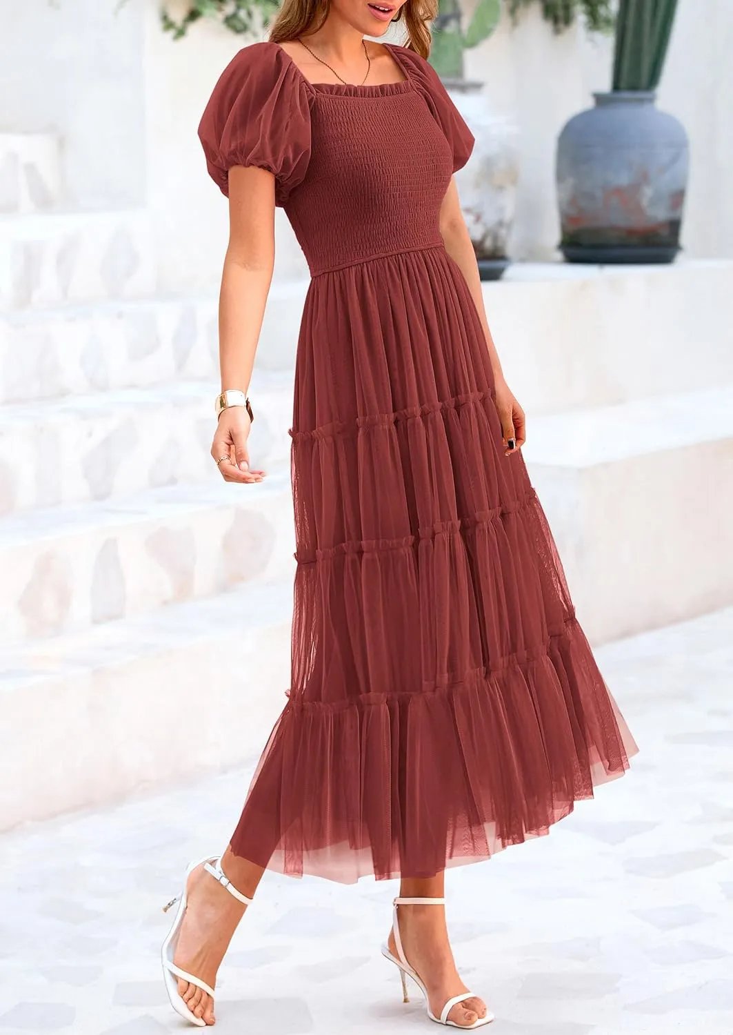 PRETTYGARDEN Women's Smocked Midi Tulle Dress 2025 Summer Puffy Short Sleeve Square Neck Ruffle Wedding Guest Party Dresses