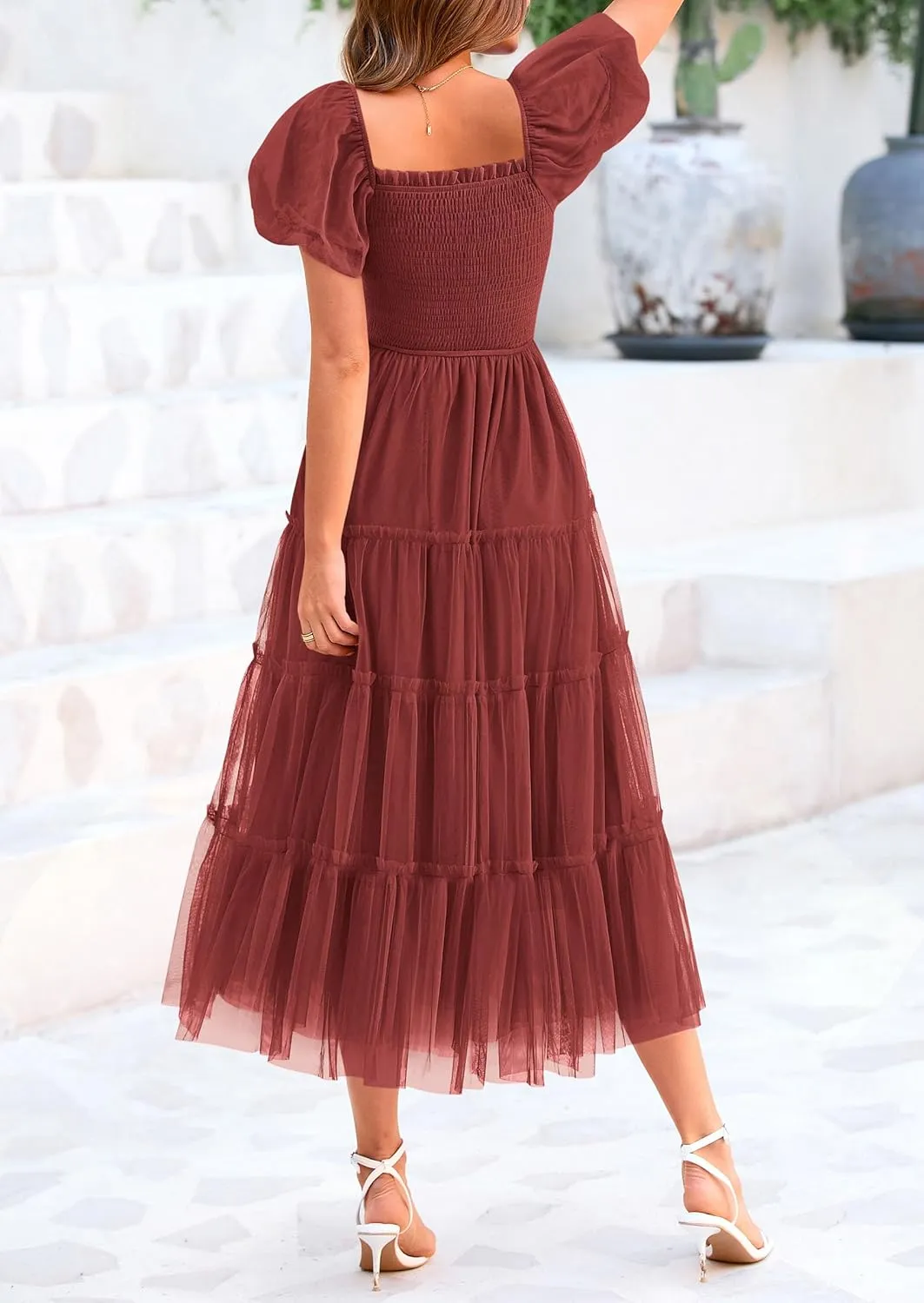PRETTYGARDEN Women's Smocked Midi Tulle Dress 2025 Summer Puffy Short Sleeve Square Neck Ruffle Wedding Guest Party Dresses