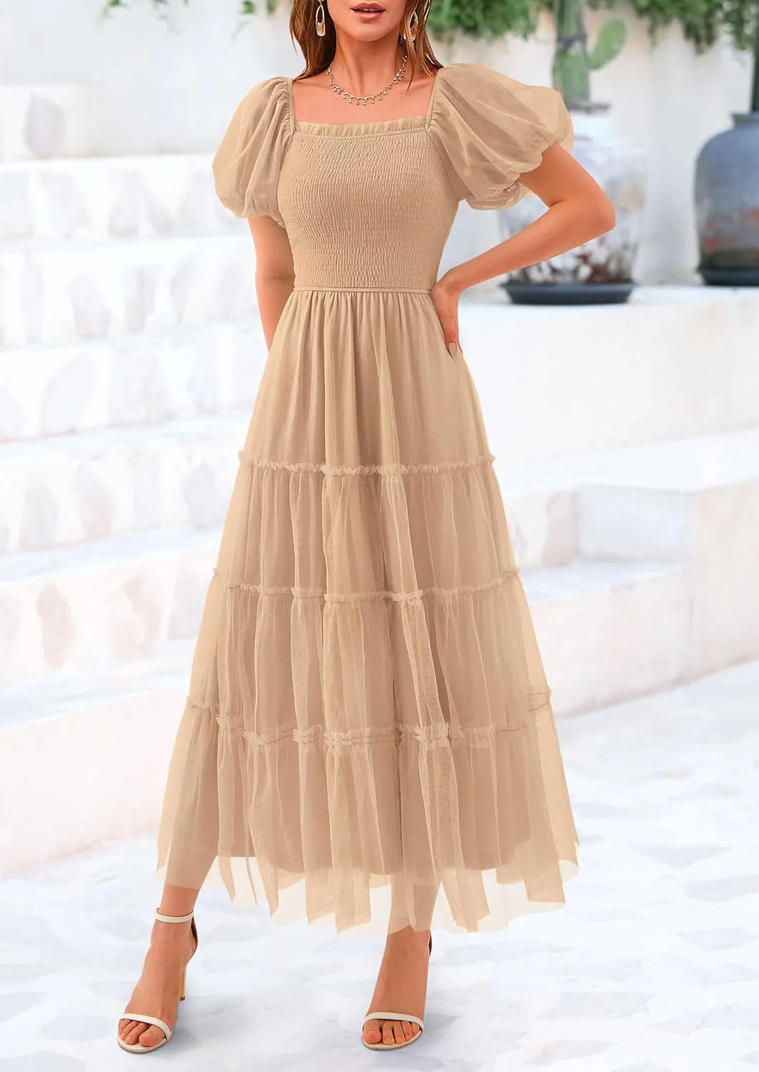 PRETTYGARDEN Women's Smocked Midi Tulle Dress 2025 Summer Puffy Short Sleeve Square Neck Ruffle Wedding Guest Party Dresses