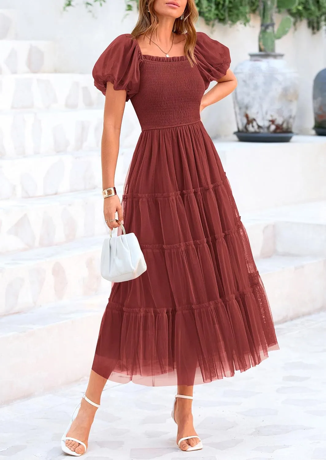 PRETTYGARDEN Women's Smocked Midi Tulle Dress 2025 Summer Puffy Short Sleeve Square Neck Ruffle Wedding Guest Party Dresses