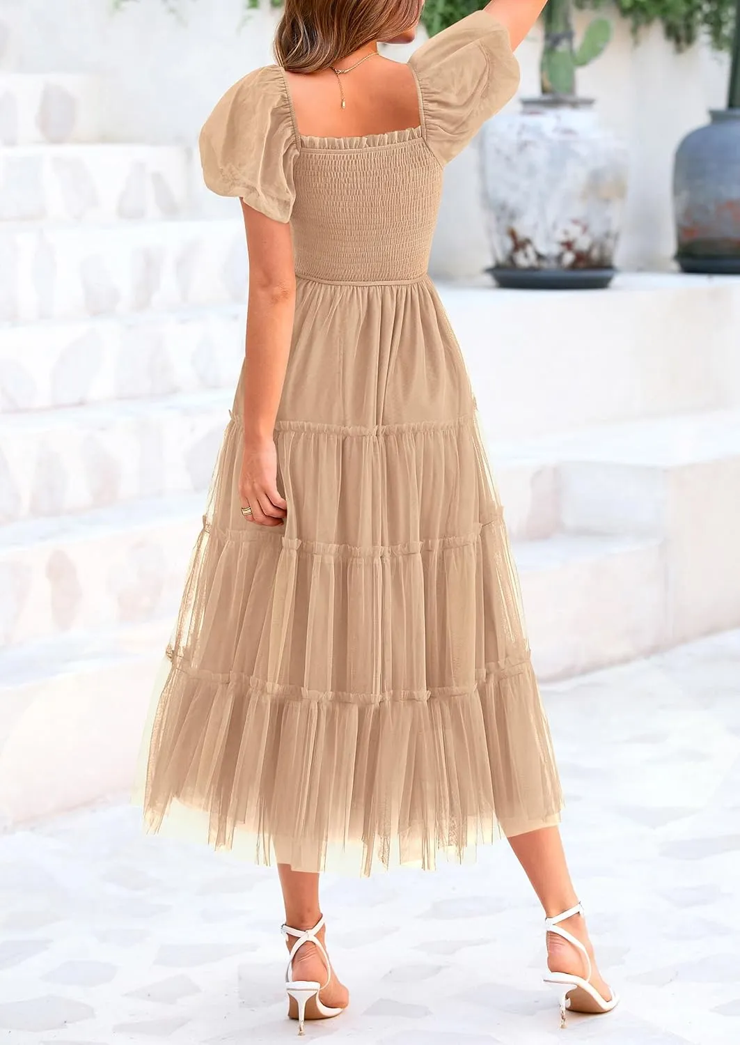 PRETTYGARDEN Women's Smocked Midi Tulle Dress 2025 Summer Puffy Short Sleeve Square Neck Ruffle Wedding Guest Party Dresses