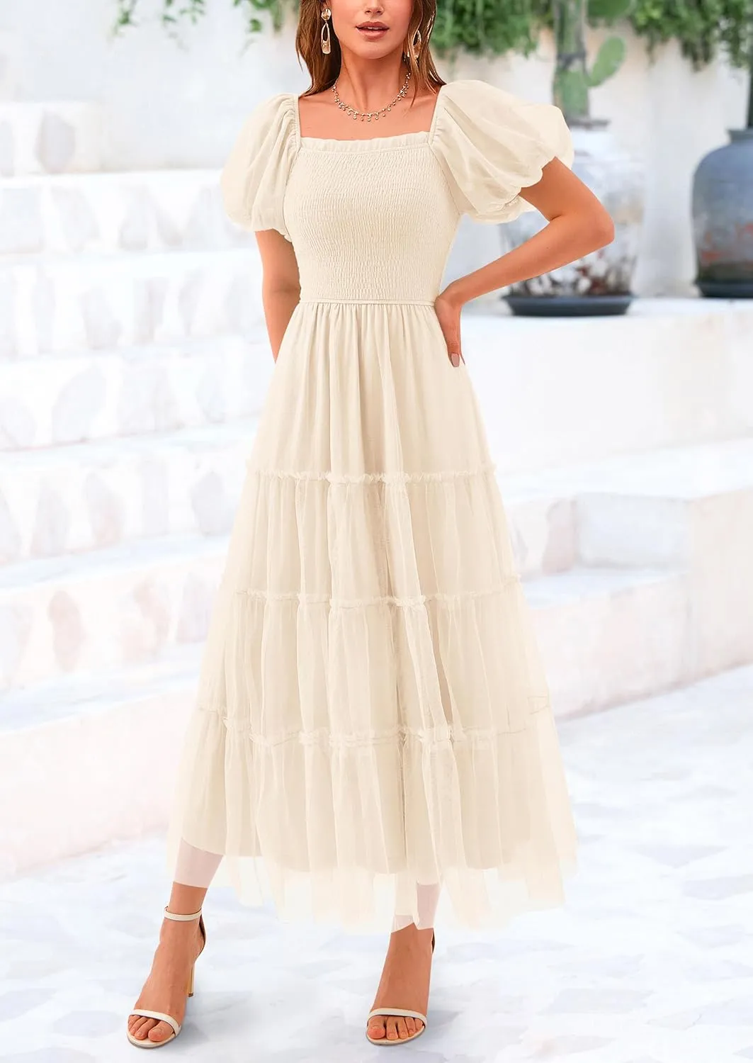 PRETTYGARDEN Women's Smocked Midi Tulle Dress 2025 Summer Puffy Short Sleeve Square Neck Ruffle Wedding Guest Party Dresses