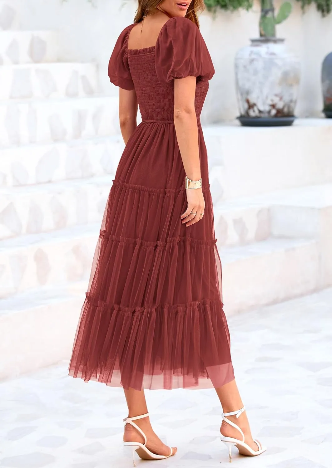 PRETTYGARDEN Women's Smocked Midi Tulle Dress 2025 Summer Puffy Short Sleeve Square Neck Ruffle Wedding Guest Party Dresses