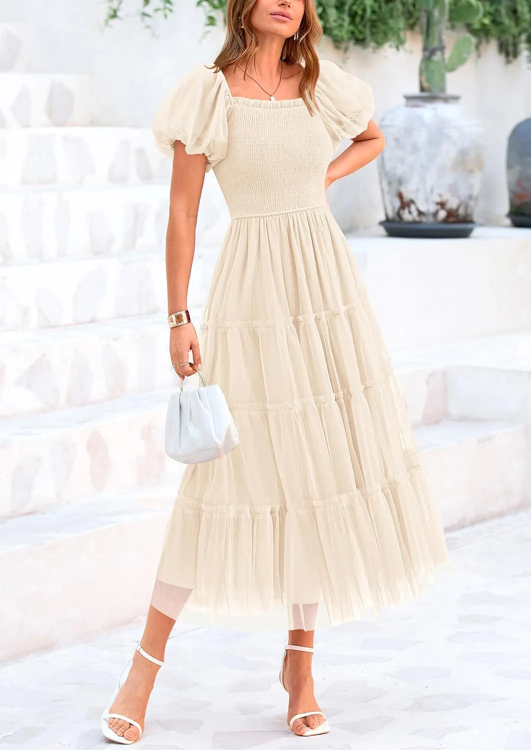 PRETTYGARDEN Women's Smocked Midi Tulle Dress 2025 Summer Puffy Short Sleeve Square Neck Ruffle Wedding Guest Party Dresses