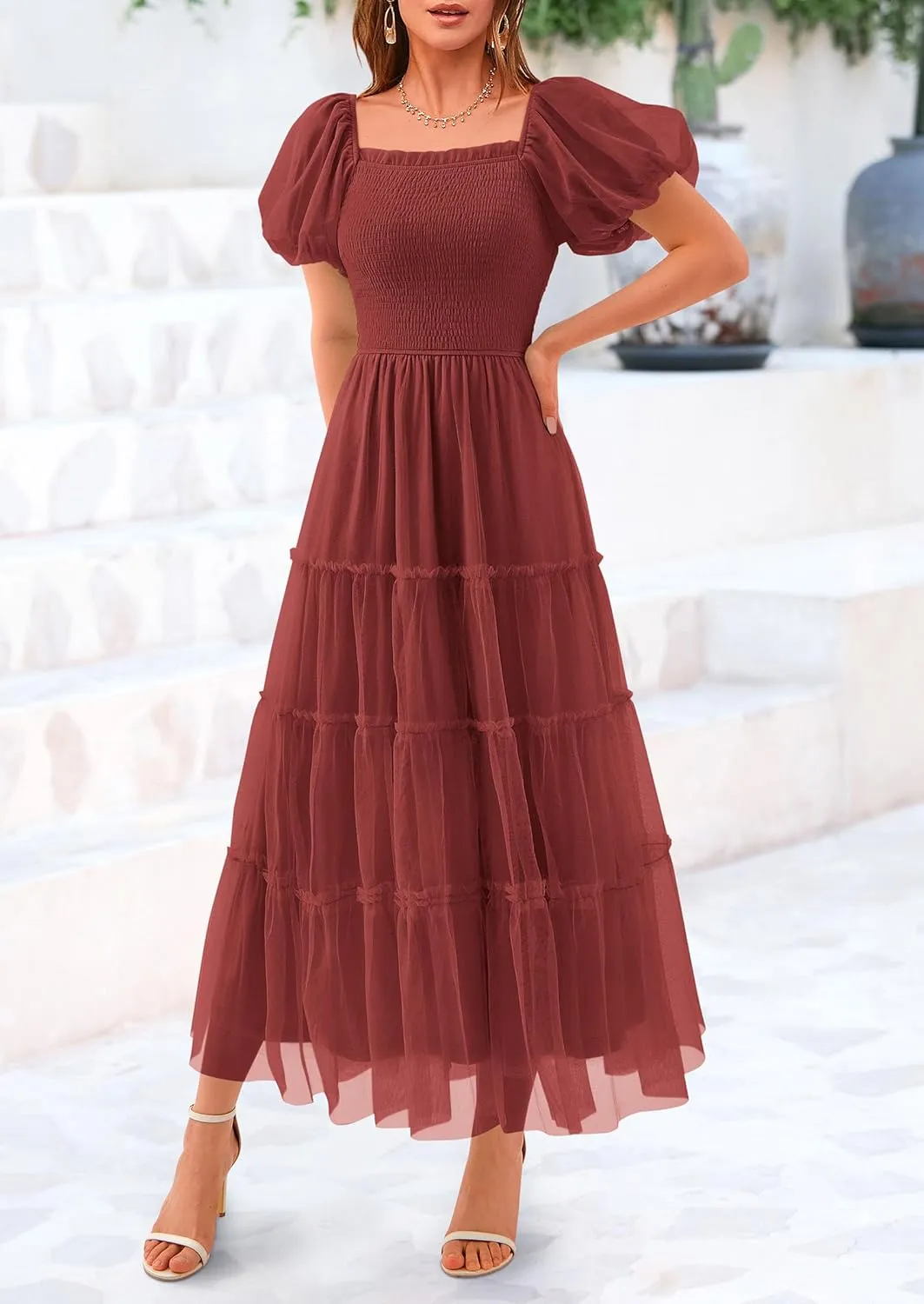 PRETTYGARDEN Women's Smocked Midi Tulle Dress 2025 Summer Puffy Short Sleeve Square Neck Ruffle Wedding Guest Party Dresses
