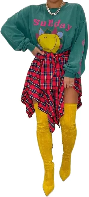 RAMOUG Summer Knot Skirts for Women Plaid Asymmetrical Hem High Waist Y2K Mini Short Skirt