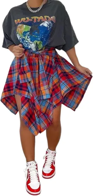 RAMOUG Summer Knot Skirts for Women Plaid Asymmetrical Hem High Waist Y2K Mini Short Skirt