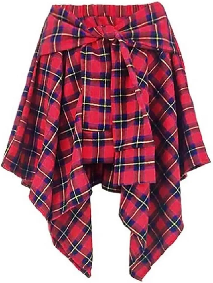 RAMOUG Summer Knot Skirts for Women Plaid Asymmetrical Hem High Waist Y2K Mini Short Skirt