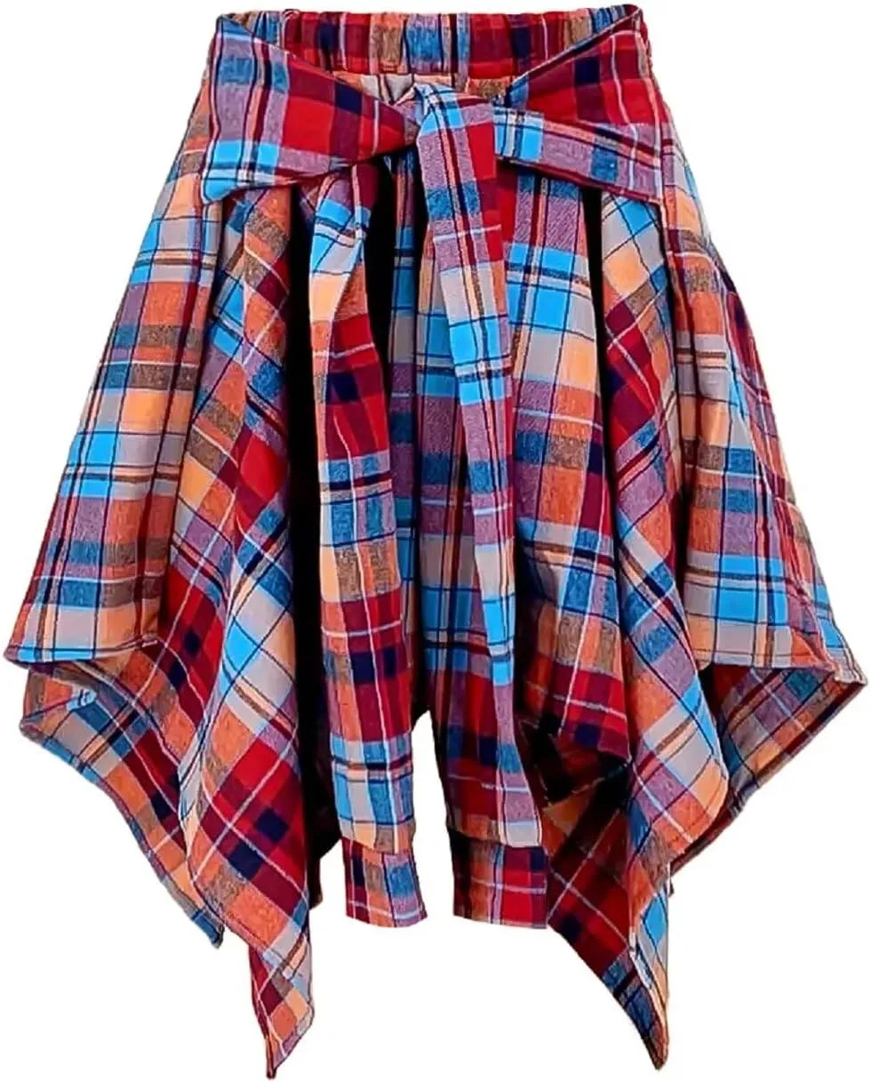 RAMOUG Summer Knot Skirts for Women Plaid Asymmetrical Hem High Waist Y2K Mini Short Skirt