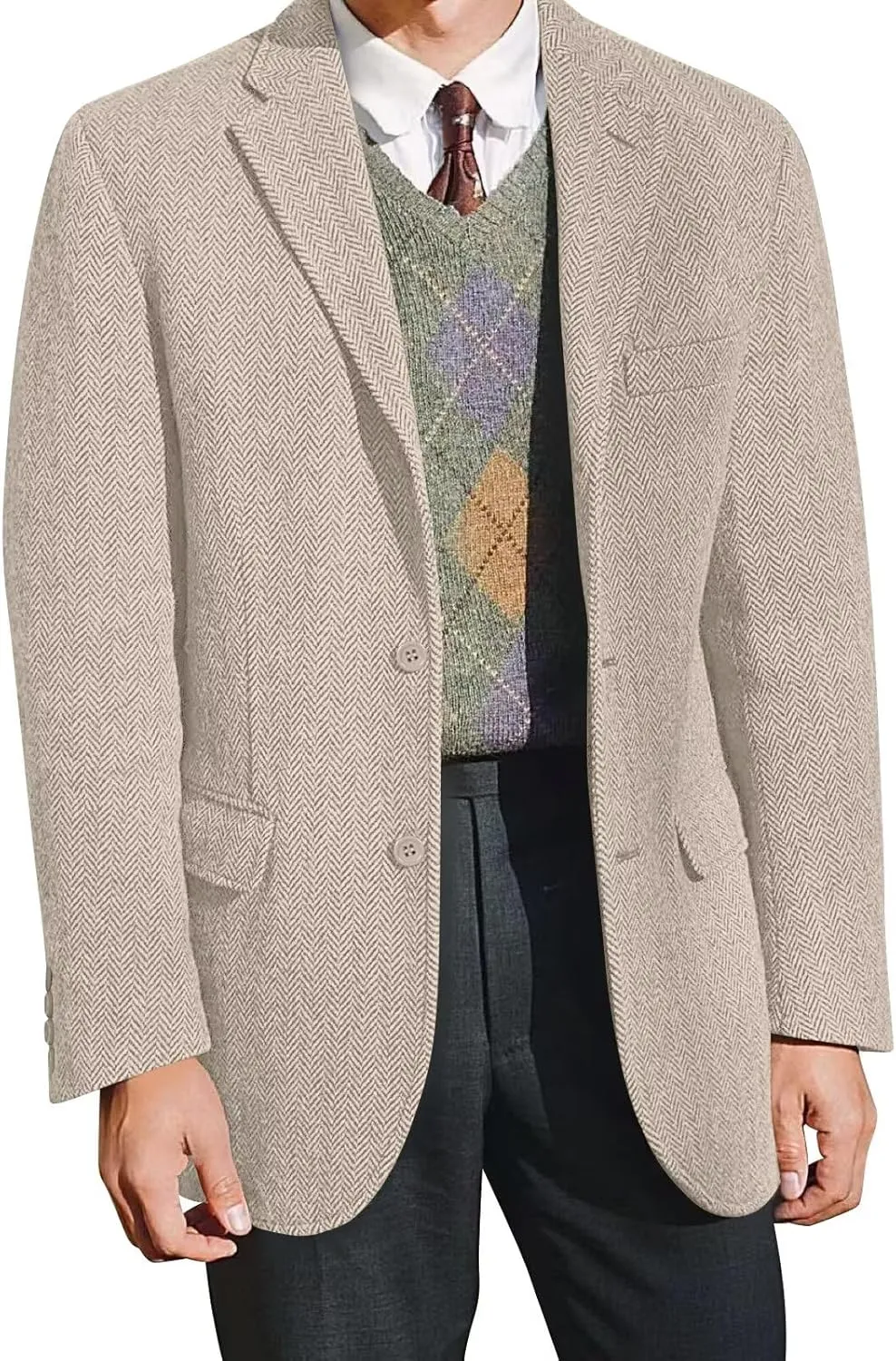 Retro Tweed Men's Suit Jackets,Herringbone Slim Fit Sport Coats Blazer Prom Business Casual Men Tux Jacket Wedding Blazers