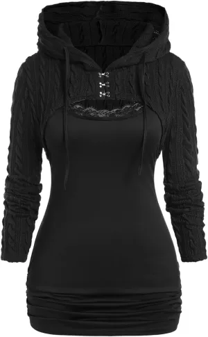 ROSE GAL Women Lace Trim Ruched Cami Tank Top and Hooded Hook Eye Cable Knit Cropped Shrug Sweater