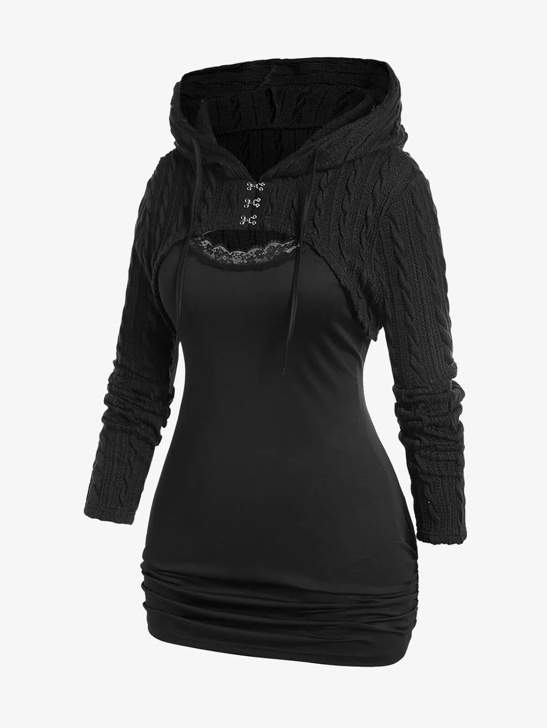 ROSE GAL Women Lace Trim Ruched Cami Tank Top and Hooded Hook Eye Cable Knit Cropped Shrug Sweater