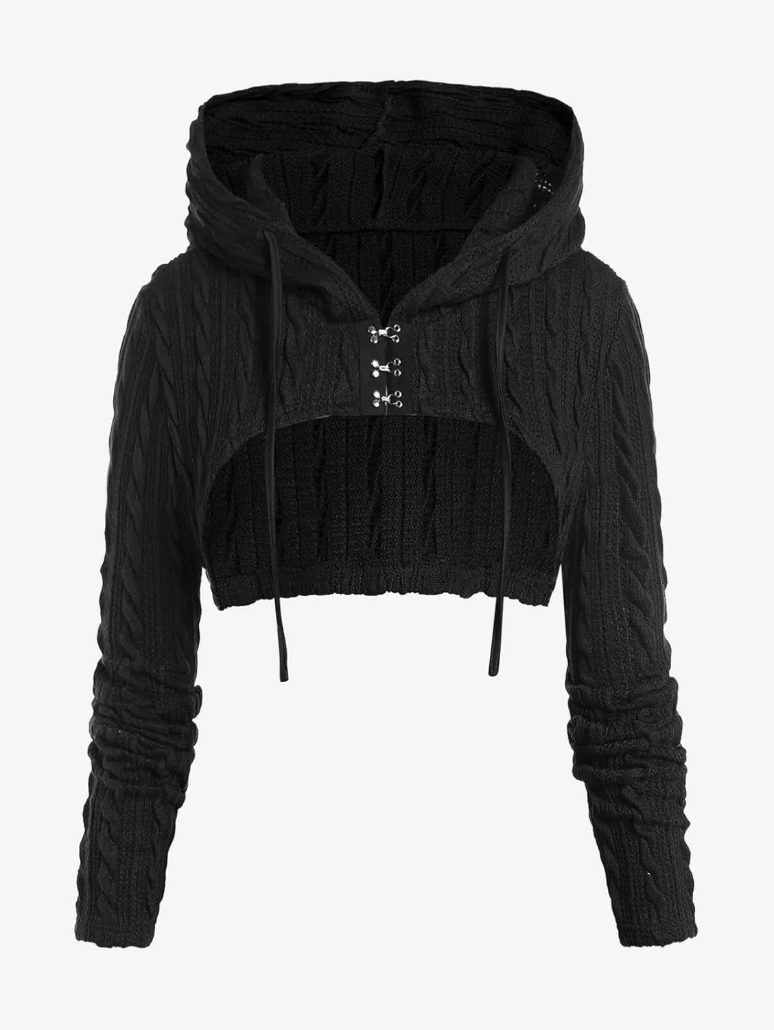 ROSE GAL Women Lace Trim Ruched Cami Tank Top and Hooded Hook Eye Cable Knit Cropped Shrug Sweater