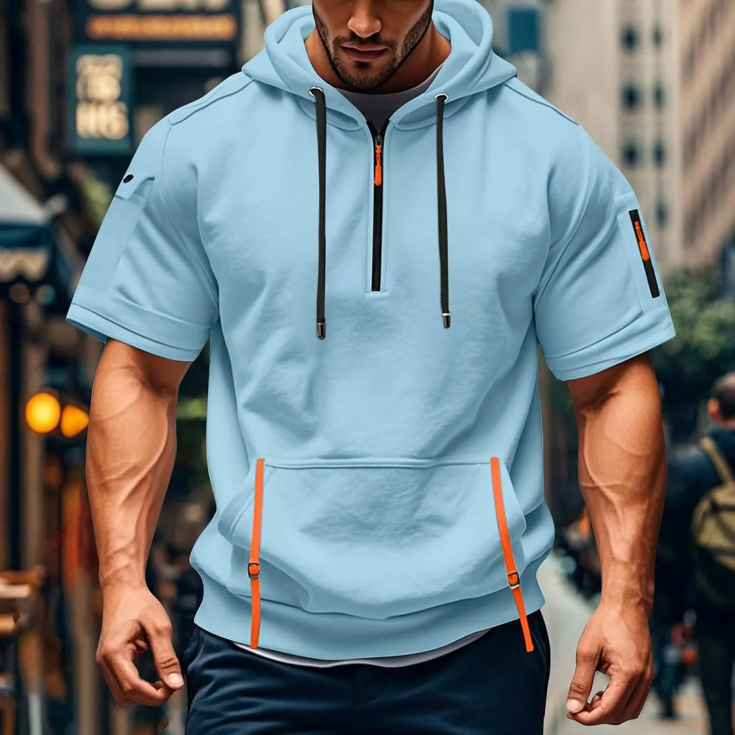 RTTUIOP Short Sleeve Hoodies for Men Gym Workout Athletic Running Shirts Quarter Zip Hoodie Pocket Tee