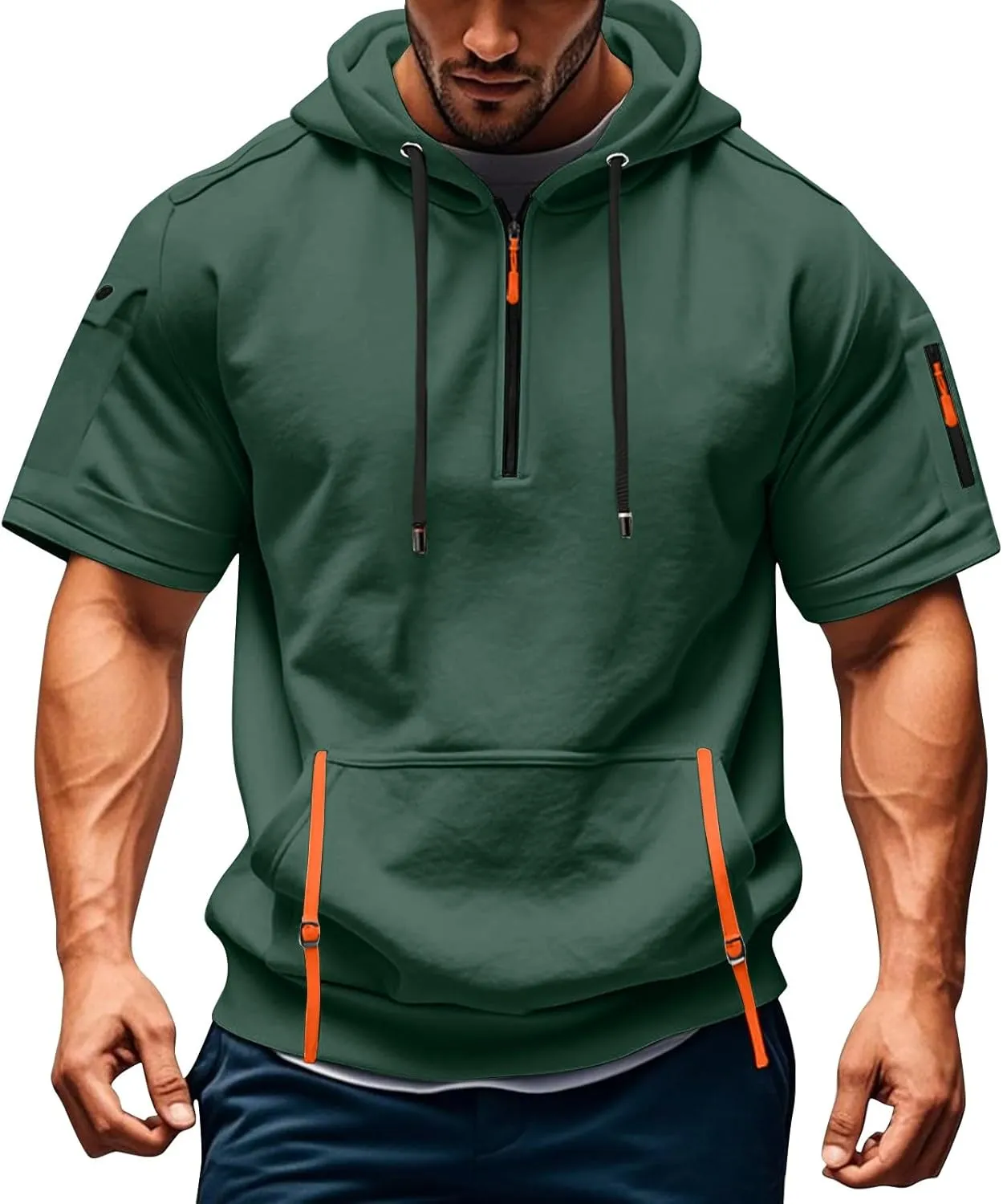 RTTUIOP Short Sleeve Hoodies for Men Gym Workout Athletic Running Shirts Quarter Zip Hoodie Pocket Tee