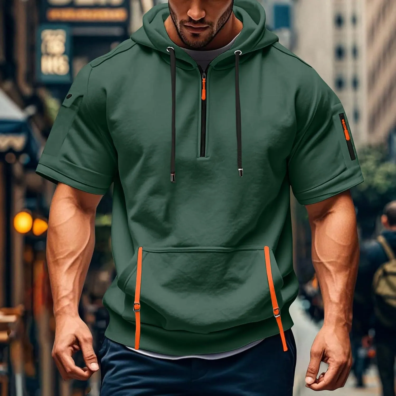 RTTUIOP Short Sleeve Hoodies for Men Gym Workout Athletic Running Shirts Quarter Zip Hoodie Pocket Tee