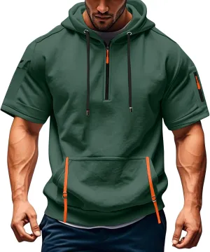 RTTUIOP Short Sleeve Hoodies for Men Gym Workout Athletic Running Shirts Quarter Zip Hoodie Pocket Tee