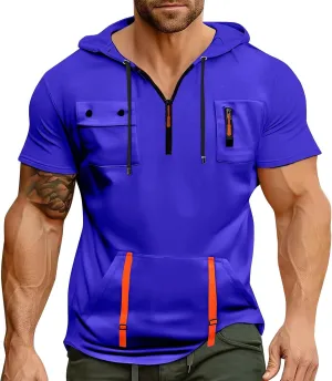 RTTUIOP Short Sleeve Hoodies for Men Gym Workout Athletic Running Shirts Quarter Zip Hoodie Pocket Tee