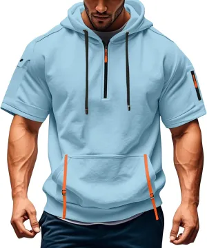 RTTUIOP Short Sleeve Hoodies for Men Gym Workout Athletic Running Shirts Quarter Zip Hoodie Pocket Tee