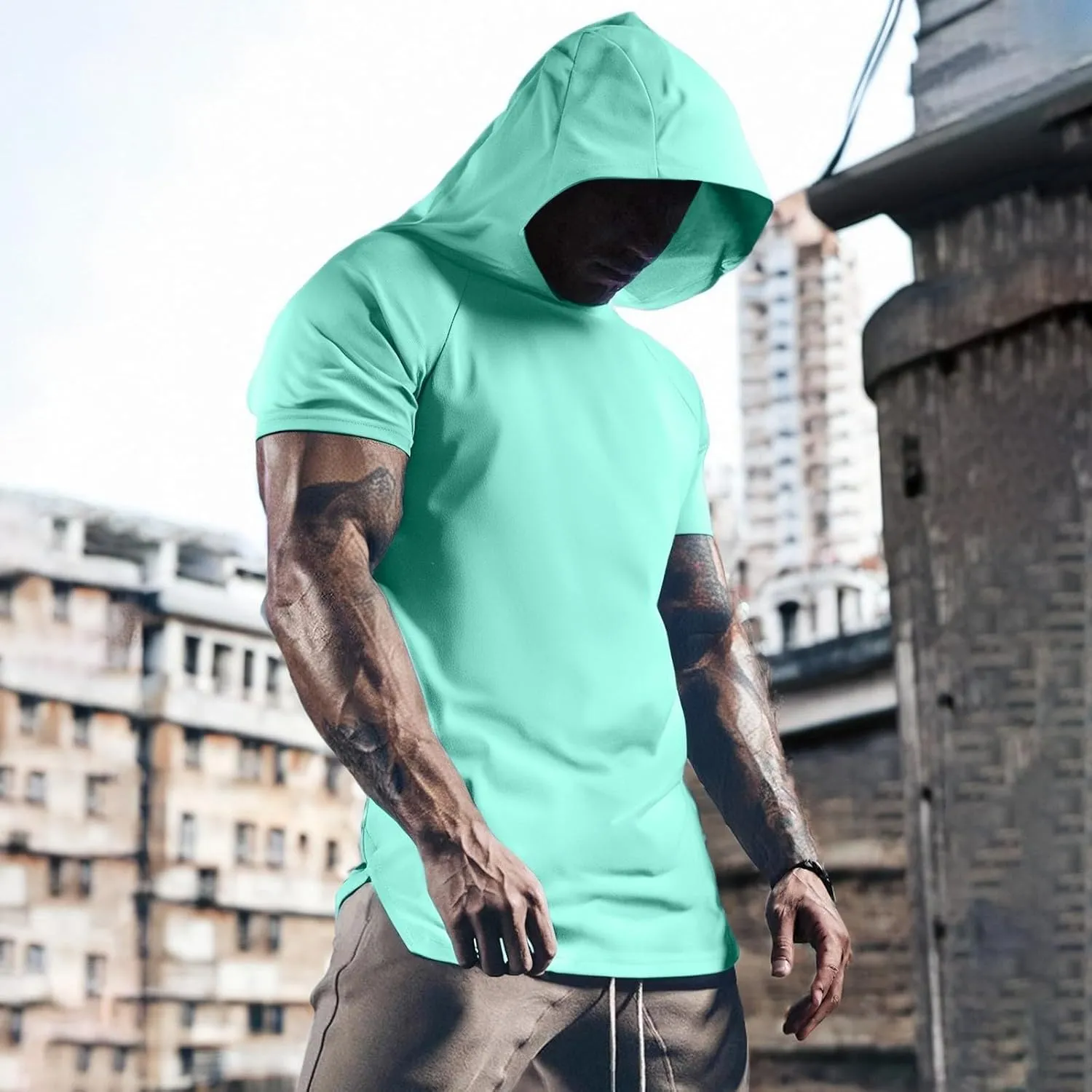 RTTUIOP Short Sleeve Hoodies for Men Workout Gym Athletic Running Shirts Lightweight Moisture Wicking Quick Dry Hoodie