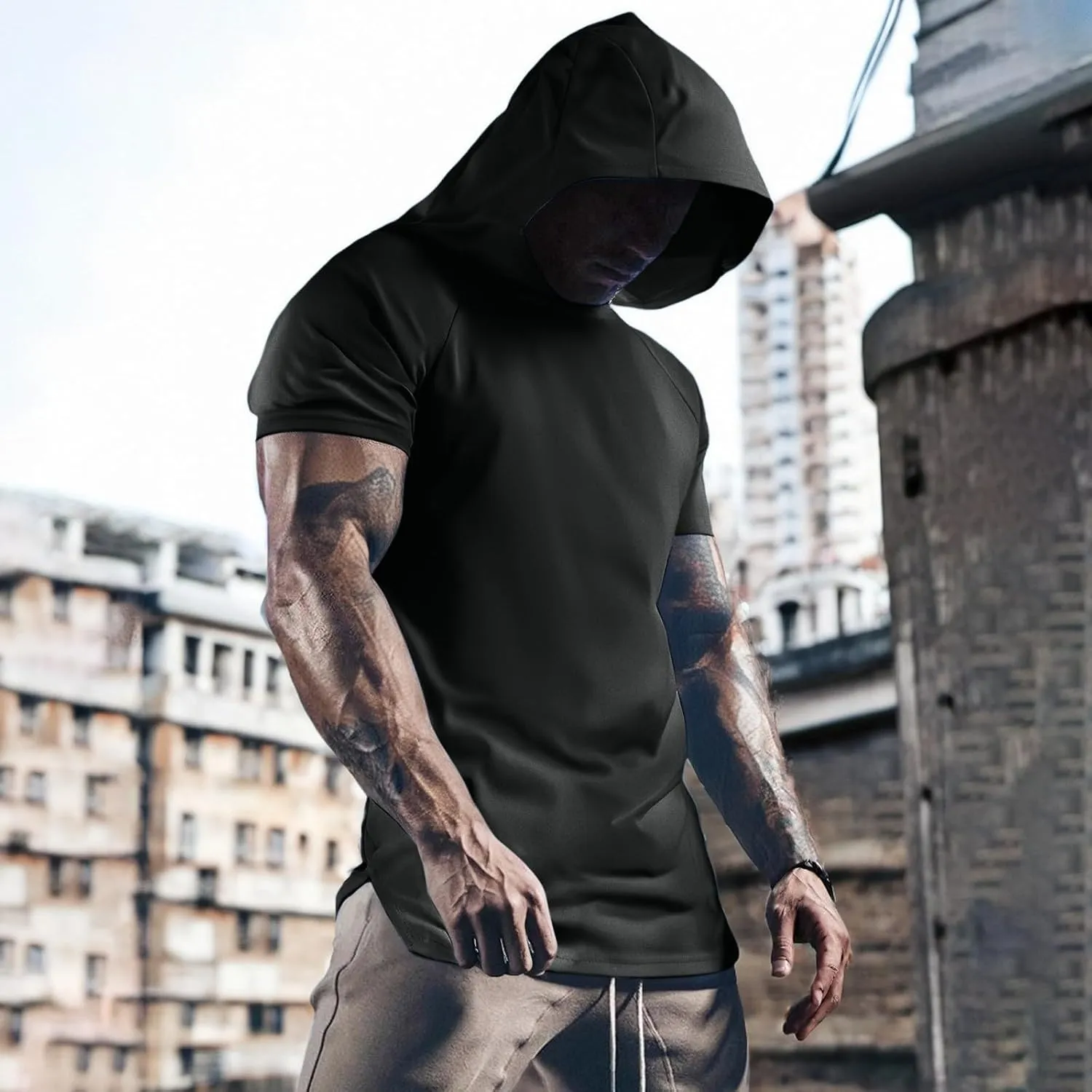 RTTUIOP Short Sleeve Hoodies for Men Workout Gym Athletic Running Shirts Lightweight Moisture Wicking Quick Dry Hoodie