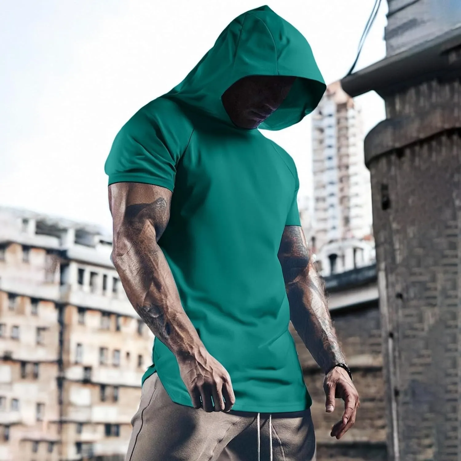 RTTUIOP Short Sleeve Hoodies for Men Workout Gym Athletic Running Tee Solid Color Hoodie Moisture Wicking Quick Dry Shirts