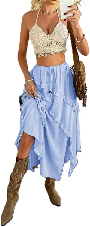 Ruffle Trim Maxi Skirt for Women High Waist Asymmetrical Slit Long Skirts Summer Vintage Pleated Skirt
