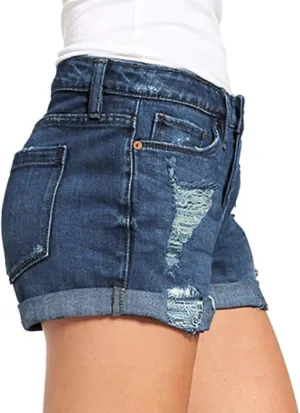 Rvidbe Jean Shorts Womens High Waisted Women Ripped Denim Jean Shorts High Waisted Casual Summer Folded Hem Short Jeans with Pockets Jean Shorts Womens Bermuda