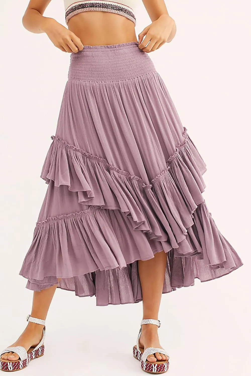 R.Vivimos Long Skirts for Women Summer Boho Smocked Strapless Dress Elastic High Waisted Layered Ruffle Hem Beach Midi Skirt