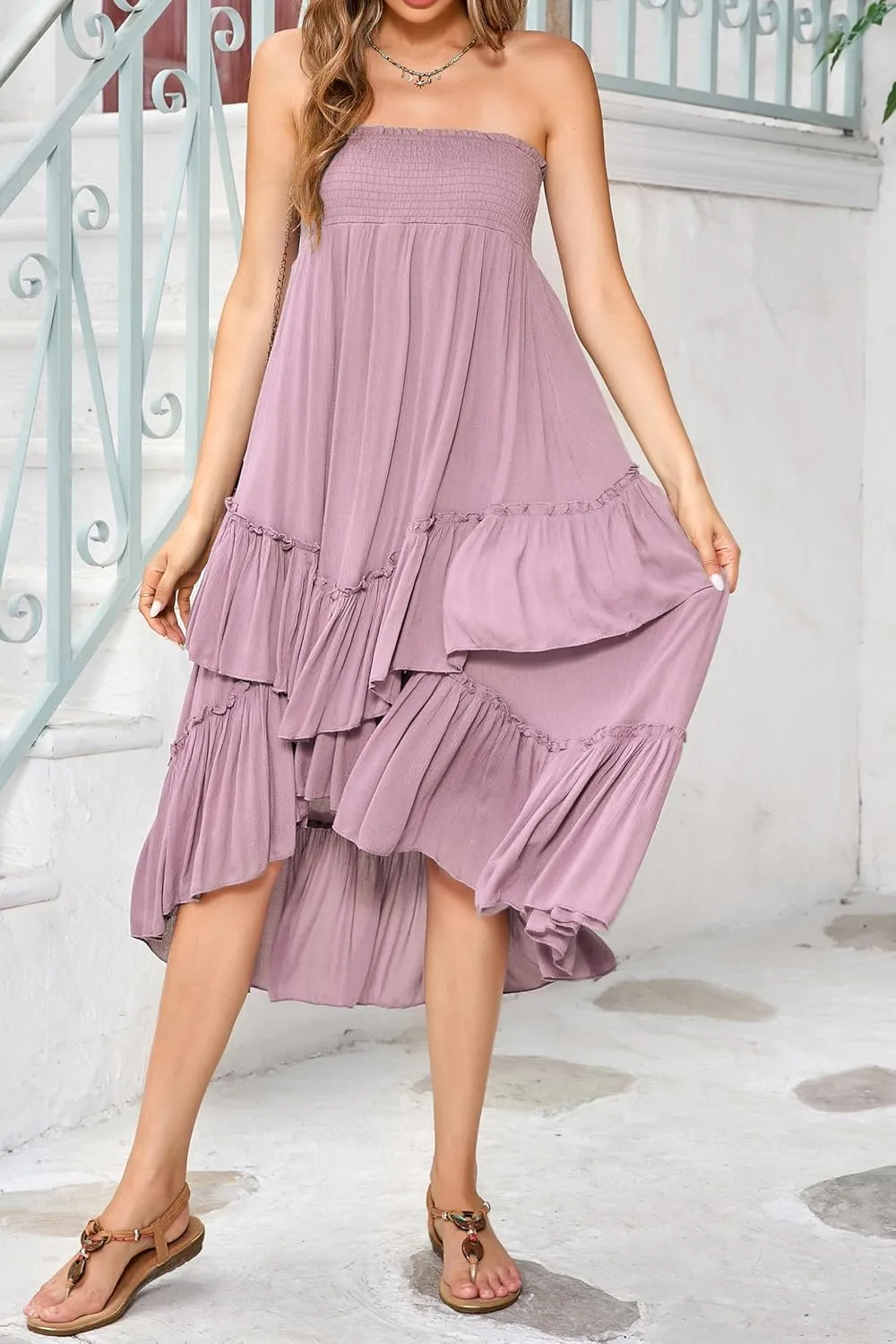 R.Vivimos Long Skirts for Women Summer Boho Smocked Strapless Dress Elastic High Waisted Layered Ruffle Hem Beach Midi Skirt