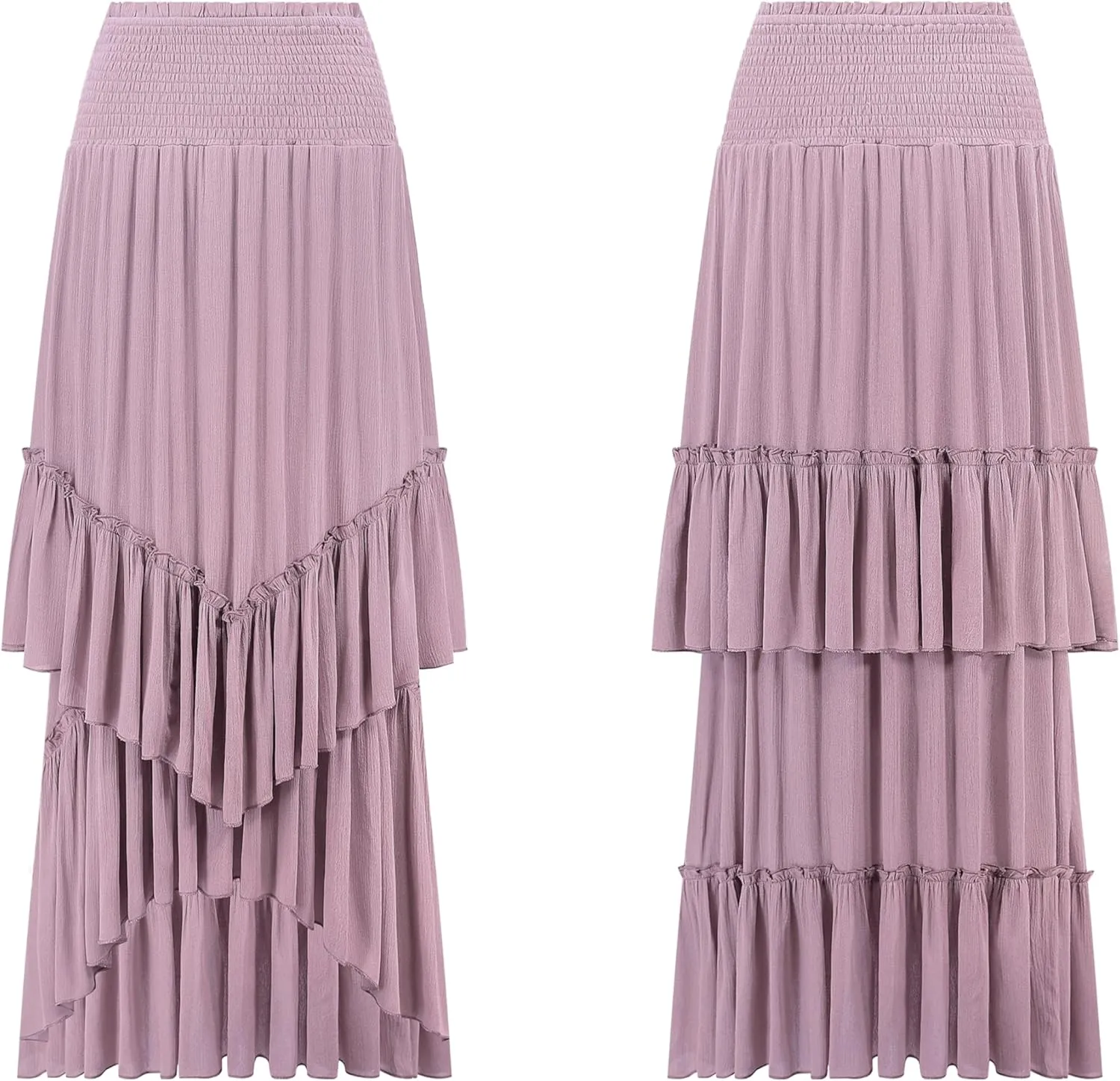 R.Vivimos Long Skirts for Women Summer Boho Smocked Strapless Dress Elastic High Waisted Layered Ruffle Hem Beach Midi Skirt