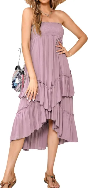 R.Vivimos Long Skirts for Women Summer Boho Smocked Strapless Dress Elastic High Waisted Layered Ruffle Hem Beach Midi Skirt