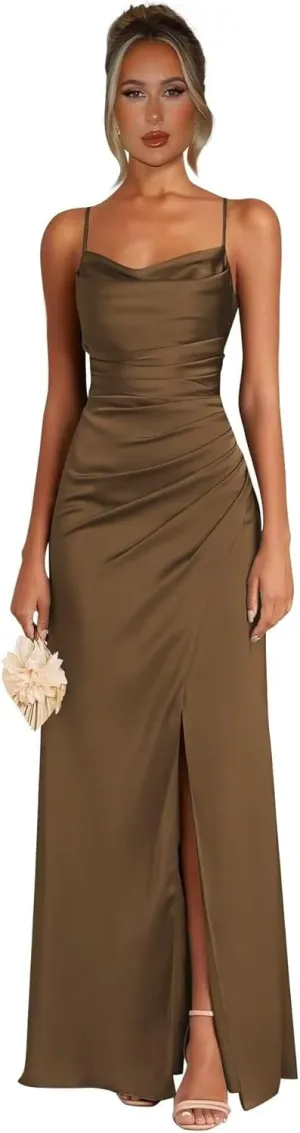 Satin Bridesmaid Dresses for Women Mermaid Prom Dress Spaghetti Strap Formal Evening Dress with Slit AP34