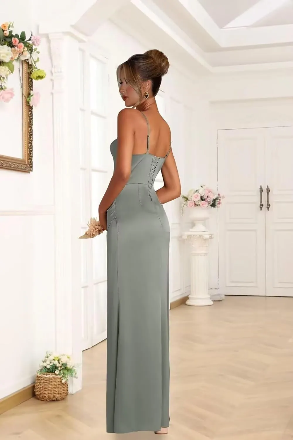 Satin Bridesmaid Dresses for Women Mermaid Prom Dress Spaghetti Strap Formal Evening Dress with Slit AP34