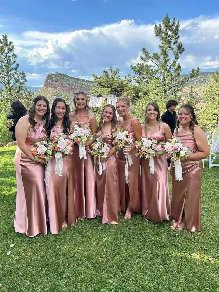 Satin Bridesmaid Dresses for Women Mermaid Prom Dress Spaghetti Strap Formal Evening Dress with Slit AP34