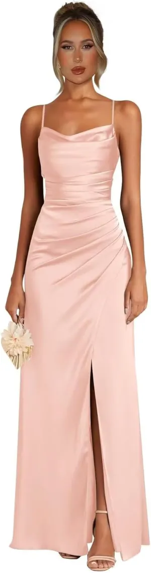 Satin Bridesmaid Dresses for Women Mermaid Prom Dress Spaghetti Strap Formal Evening Dress with Slit AP34